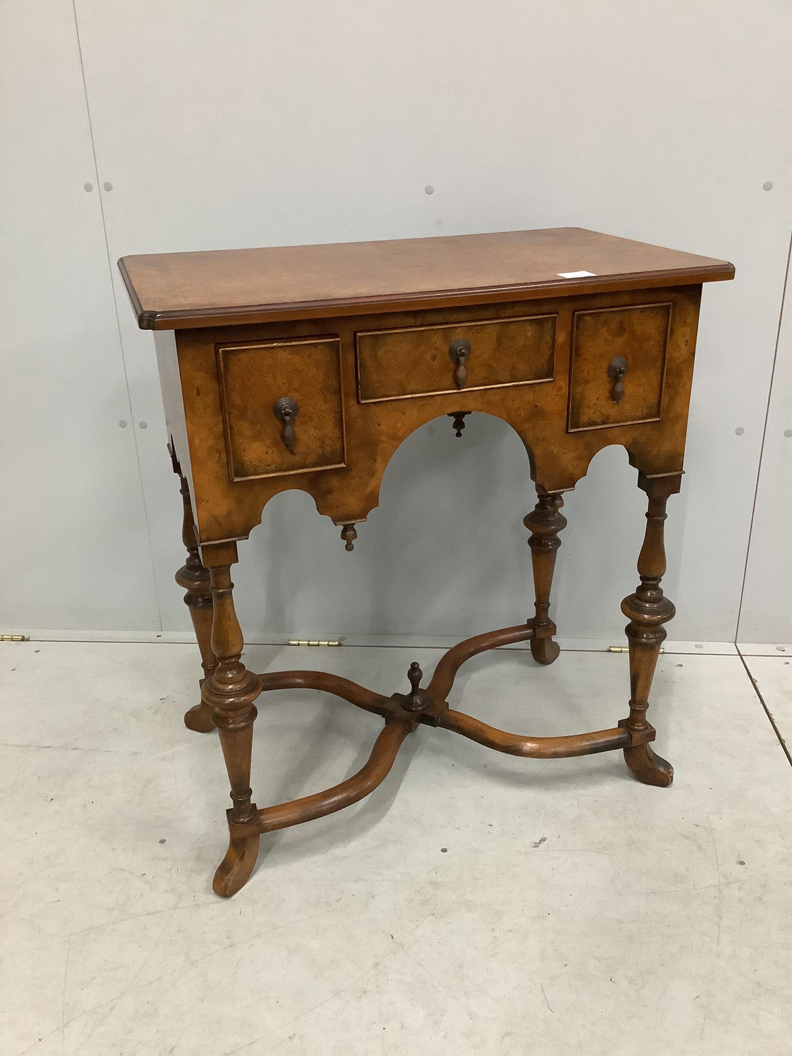 A Queen Anne style burr elm lowboy, width 76cm, depth 46cm, height 84cm. Condition - good